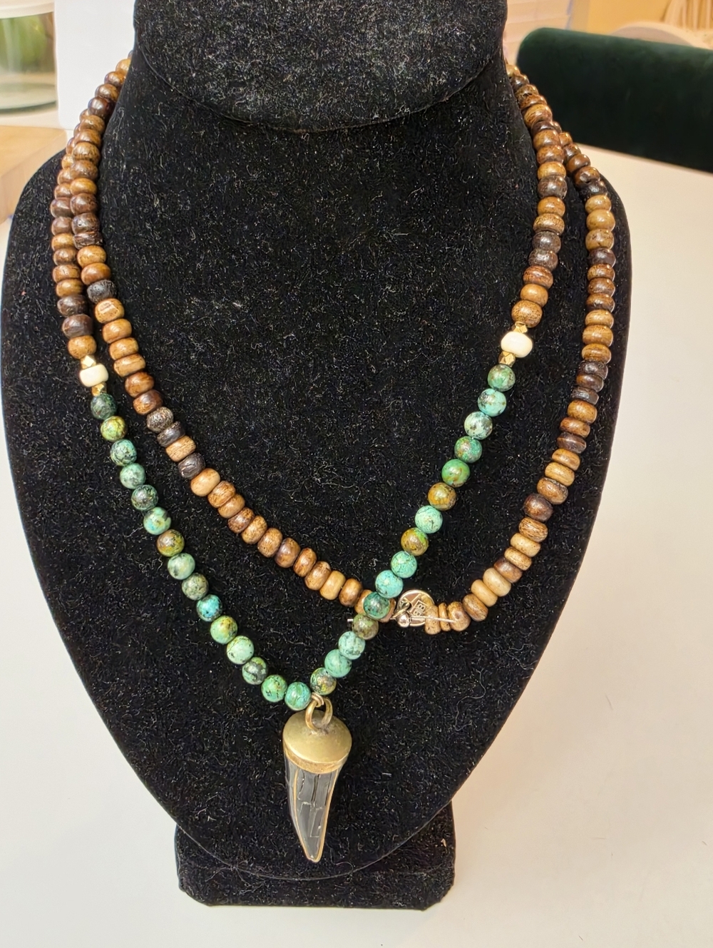 BB Lila African Turquoise, Wood Beads & Horn & Beass Necklace 34"